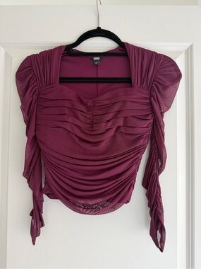 Express Plum Ruched Mesh Square Neck Blouse